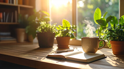 Quiet Moment of Reflection with Coffee and Nature Indoors