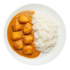 Plate of chicken tikka masala with curry rice, top view isolated transparent background