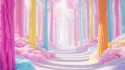 A path winds through a whimsical forest of pastelcolored trees, creating a dreamy and surreal landscape - Powered by Adobe
