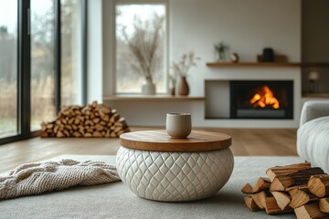 Round coffee table with quilted white leather base and wood top, placed on light gray carpet in open Scandinavian living room with blanket, firewood, and natural lighting.