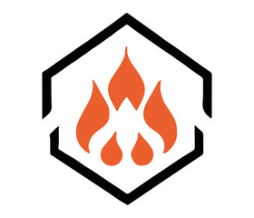 Hexagon Fire Logo Vector Emblem with Five Stylized Orange Flames Representing Heat, Energy, and Power