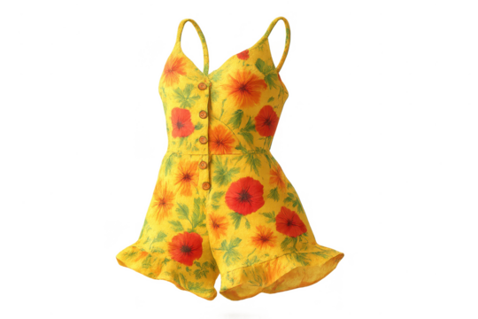 Stylish yellow floral romper with buttons, isolated on transparent background.