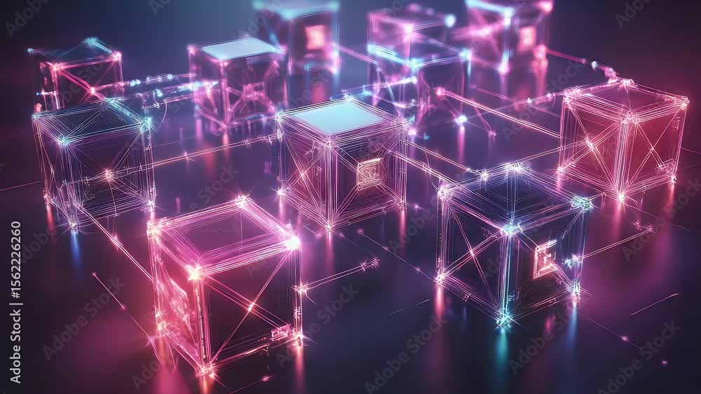 Poster abstract digital illustration of interconnected glowing cubes and lines in a futuristic tech design 