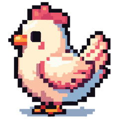 Fototapeta premium Pixelated light pink chicken walking to the right with an alert expression and simple detailing on white background.