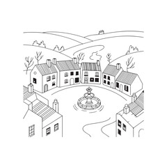 Naklejka premium Hand-drawn illustration of a quaint village square with a fountain.A charming black and white line drawing depicts a picturesque village square.