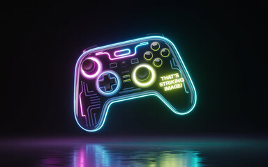 3d rendered neon gaming controller with colorful futuristic glowing accents floating against a dark reflective background