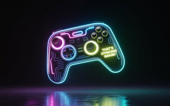 3d rendered neon gaming controller with colorful futuristic glowing accents floating against a dark reflective background - Powered by Adobe