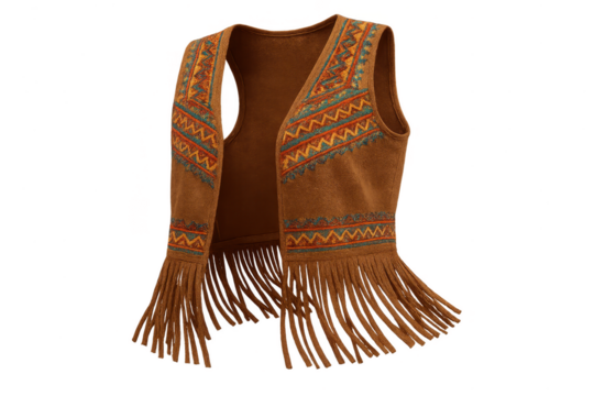 Bohemian fringed suede vest with colorful embroidery, isolated on transparent background.