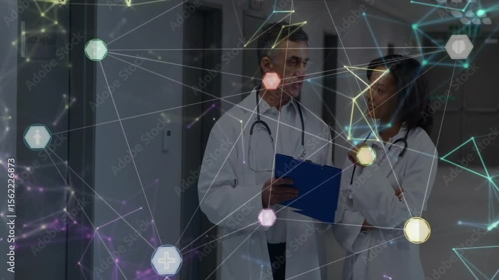 Poster two doctors reviewing data on clipboard in corridor while transparent network fading guiding taps