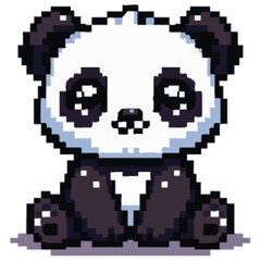 Pixelated illustration of a cute, sitting panda bear with big eyes and black and white fur.
