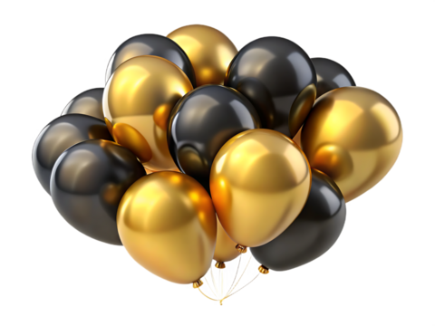 A bunch of black and gold balloons, isolated on transparent background - Powered by Adobe