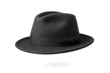 Classic black fedora hat isolated on transparent background, elegance