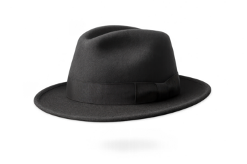 Classic black fedora hat isolated on transparent background, elegance