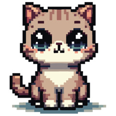 Obraz premium Pixel art illustration of a cute, wide-eyed kitten sitting and looking forward.