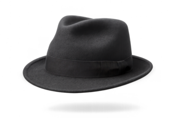 Classic black fedora hat, elegant headwear isolated on transparent background
