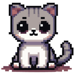Pixelated cartoon cat, cute, sitting, gray and white, adorable.