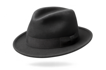 Elegant black felt fedora hat isolated on transparent background, classic fashion accessory