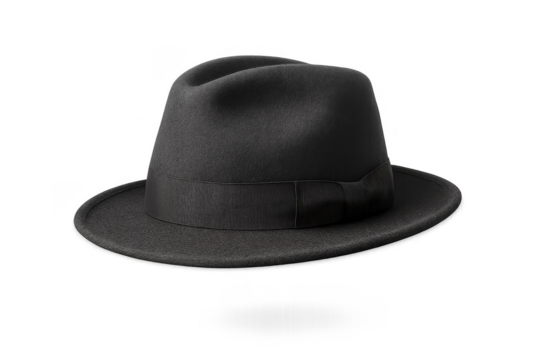 Classic black fedora hat isolated on transparent background, elegance