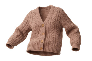 Fototapeta premium Earthy brown cable knit cardigan sweater isolated on transparent background