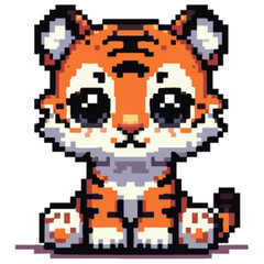 Adorable pixelated tiger cub sits, showcasing large, expressive eyes and striped fur.