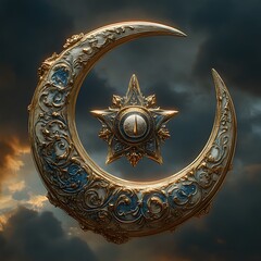 Ornate crescent moon emblem with starburst design.  Detailed, gold-accented, celestial-themed, decorative artwork