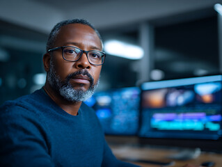 Professional video editor, a creative man working on his computer, using advanced software to enhance film or movie projects and media content on his screen in a modern editing studio 36832783 1
