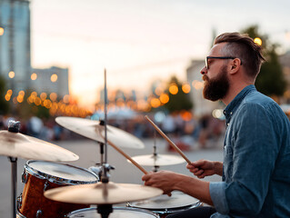 Music band live performance on city street outdoor. Drums and guitar musical instrument musician, entertainment festival show, park, artist, event 23138586 1