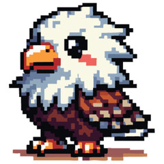 Adorable pixel art depiction of a young bald eagle, standing, with soft features.