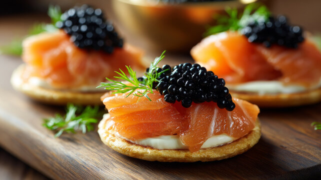 Salmon canape with black caviar and cream on wooden board garnished with fresh dill, elegant appetizer for luxury dining