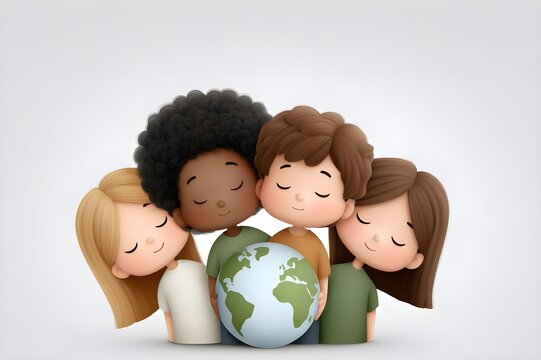 A digital illustration featuring a diverse group of children holding a globe, emphasizing unity, diversity, and environmental awareness. The image promotes global friendship.