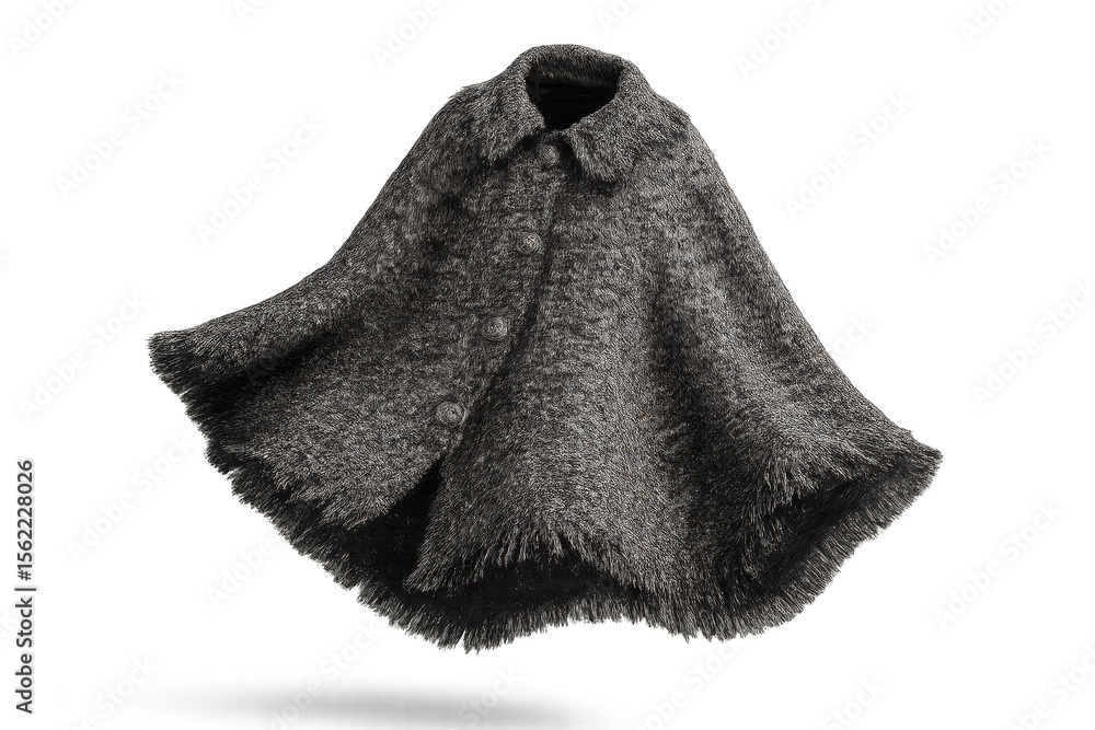 Poster grey textured wool cape with buttons isolated on transparent background.