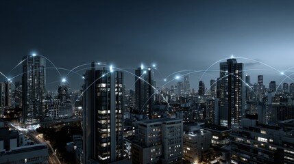 Obraz premium Night cityscape with illuminated skyscrapers and digital network connections