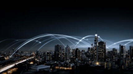 Obraz premium Night cityscape with illuminated skyscrapers and glowing network connections