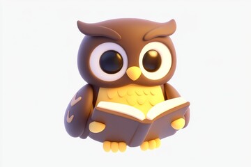 Fototapeta premium 3D cartoon owl bookkeeper icon with chocolate brown and parchment yellow colors on white background, ultra high definition detailed isometric view