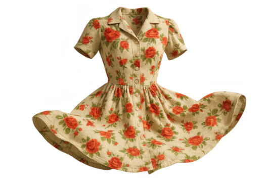 Stylish beige dress with red floral pattern, isolated on transparent background.