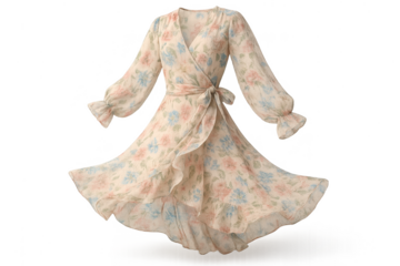 Elegant floral wrap dress with long sleeves isolated on transparent background