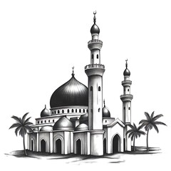 Pen-and-ink sketch of a majestic mosque with palm trees