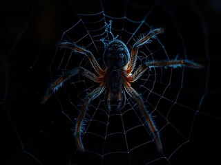 Close-up of a Complex Network of a Glowy Tarantula in a Shadowy Setting with Stunning Lighting