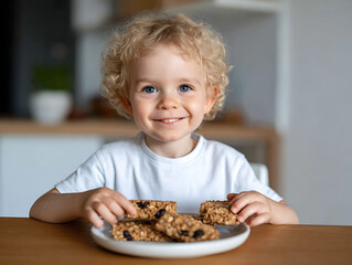 Boy child and young kid with happy eating granola and fresh bar healthy snack cereal muesli, natural food with simple energy nutrition 84822275 1