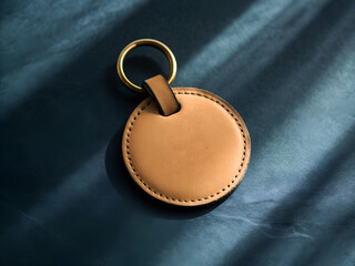 Elegant Tan Leather Key chain Mock up, Gold Ring, Dark Background, Branding Concept ai generated