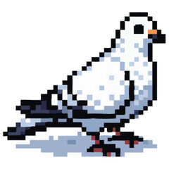 Pixelated image of a white and gray pigeon standing, with a shadow underneath.
