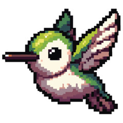 Pixelated hummingbird in mid-flight, showcasing detailed wings and vibrant plumage against a white background.