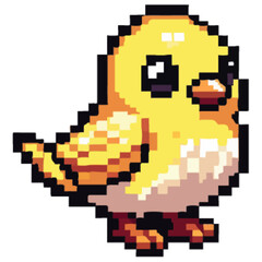 A pixelated yellow chick with large eyes, looking upwards, in a cute pose.