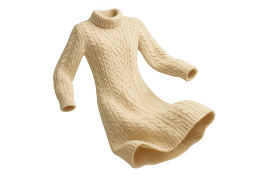 Cozy beige cable-knit turtleneck sweater dress isolated on transparent background