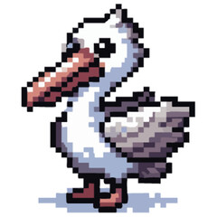 Obraz premium Pixelated illustration of a cute pelican, standing upright with a large beak.