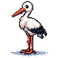 Pixelated illustration of a stork standing gracefully, showcasing its distinctive features.