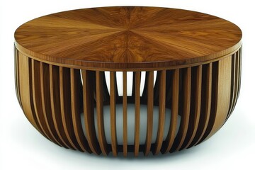 Round coffee table with slatted sides and oak finish, minimalist natural wood texture, modern functional design for home interiors