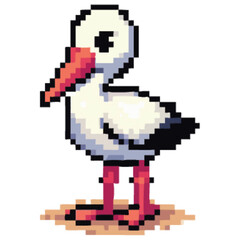 Pixelated stork standing on the ground, depicted in a simple, retro video game style.