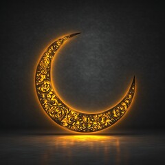 Ornate crescent moon, glowing gold design on dark background