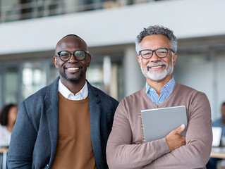 Two diverse professors, man and mentor, lecturer and smart teacher, multicultural educators, happy and smiling together, academic knowledge in a modern college or university setting 18163409 1